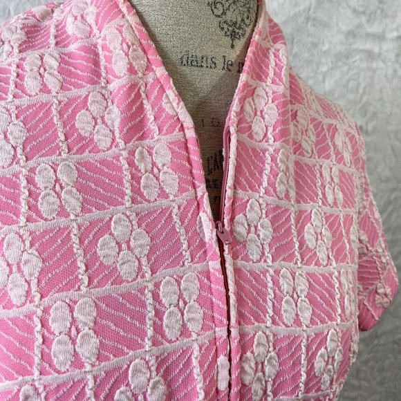 Vintage 60’s Retro Pink & White Floral Circle Pattern Abstract Belted Midi Dress - Picture 3 of 7